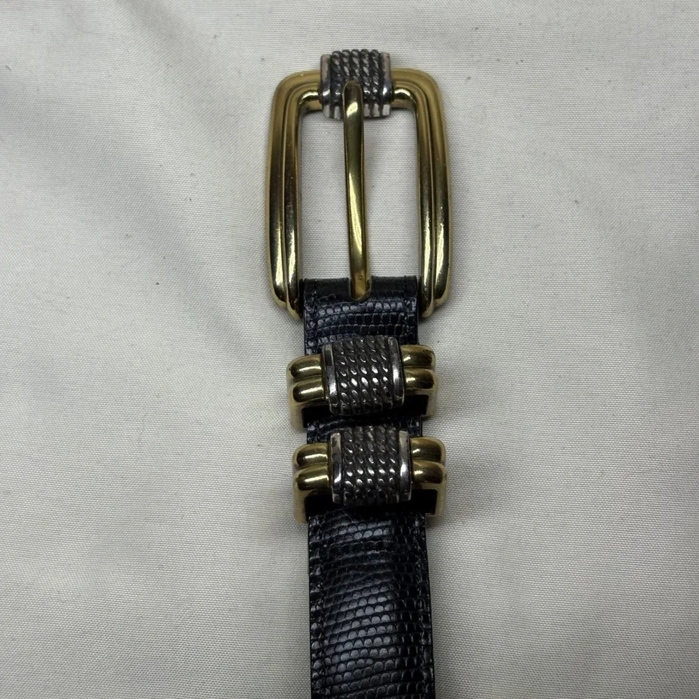 Brighton Classics Black Lizard Embossed‎ Leather Belt Gold Tone Buckle ML 32